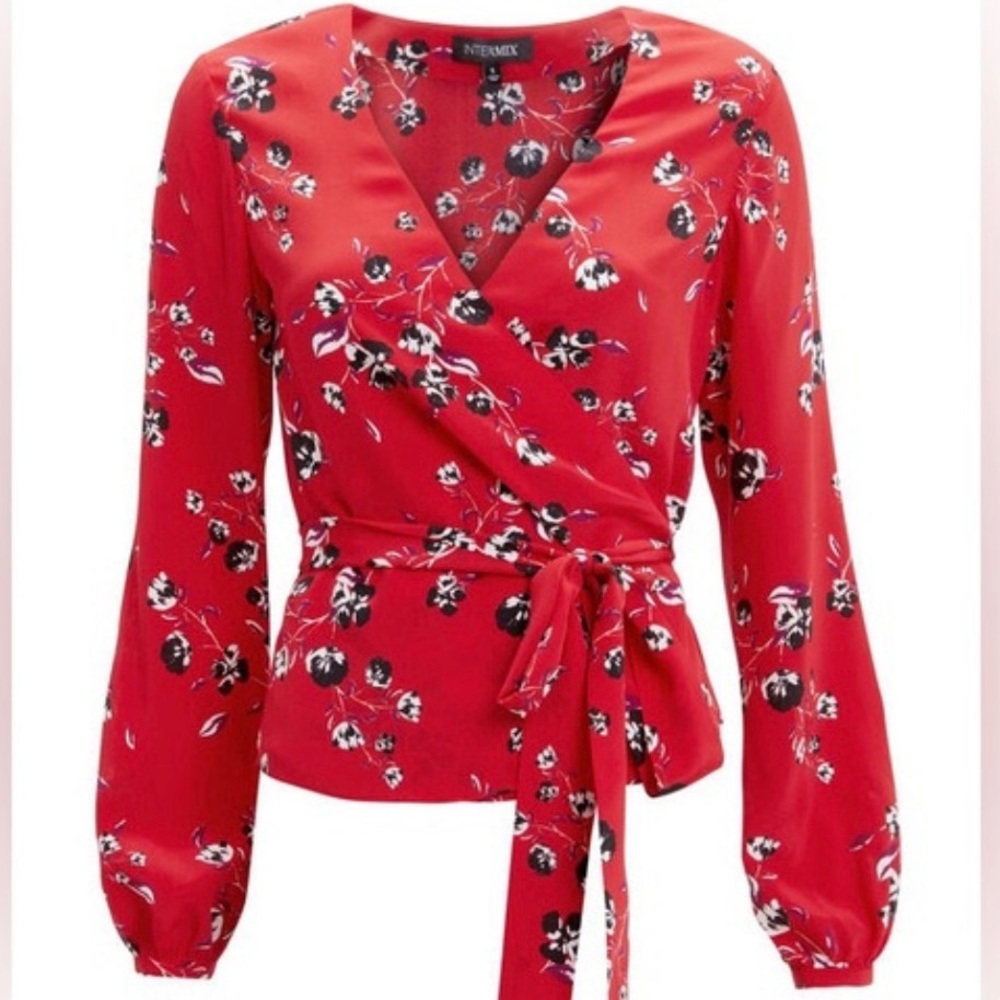 INTERMIX Red Floral Wrap Blouse